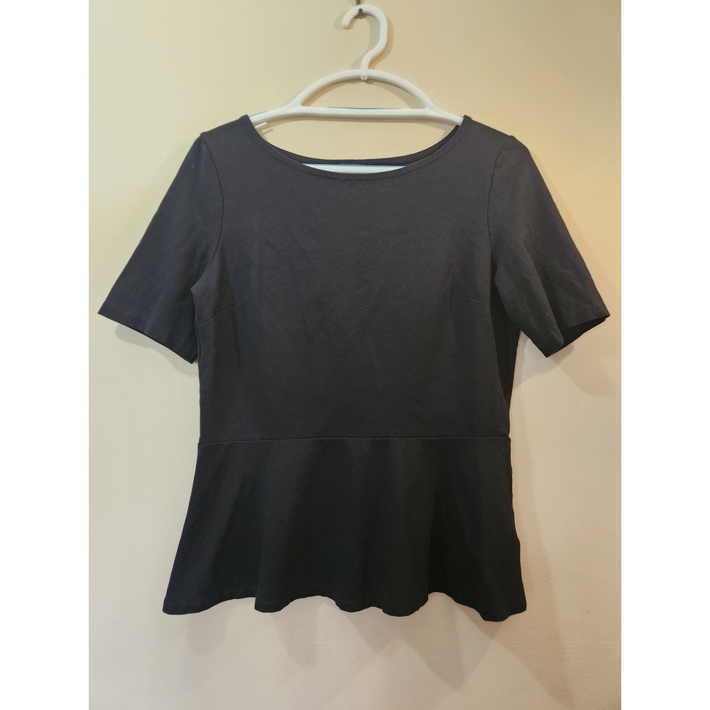 Talbots Womens Black Peplum Top Short Sleeve Ponte Knit Scoop Neck Size M